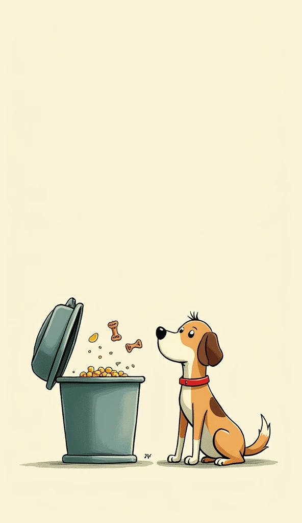 A whimsical drawing of a dog with a red collar, curious about an open trash can with food scraps and a bone. Use a limited color palette and simple shapes, with a focus on linework and soft shading.  Evoke the style of classic rens book illustrations.