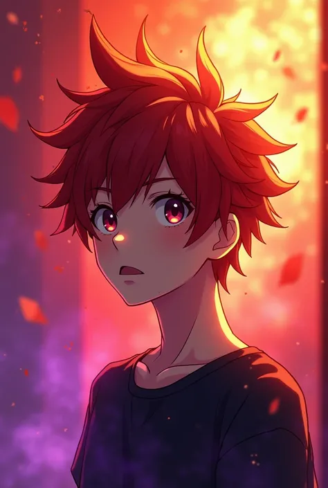 Anime boy photo with red and orange with purple mix colors background purple lighting 