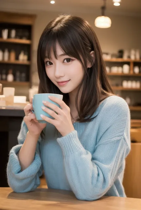  Inhaling Eyes , cute double ,  Mysterious Woman Drinking Coffee at a Cafe , Cafe latte,  Sweet-scented Perfume , small animals, Inward-curling long hair, Discerning Bangs , Freshly washed hair , First Date, Talented , Kind personality,  Extremely Detailed...