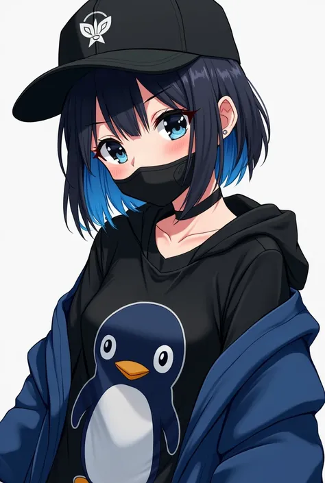  Anime girl with short, black hair with blue highlights , with a black cap, a black mask ,  black eyes ,  with a black shirt with a penguin print and a black and blue sweatshirt 