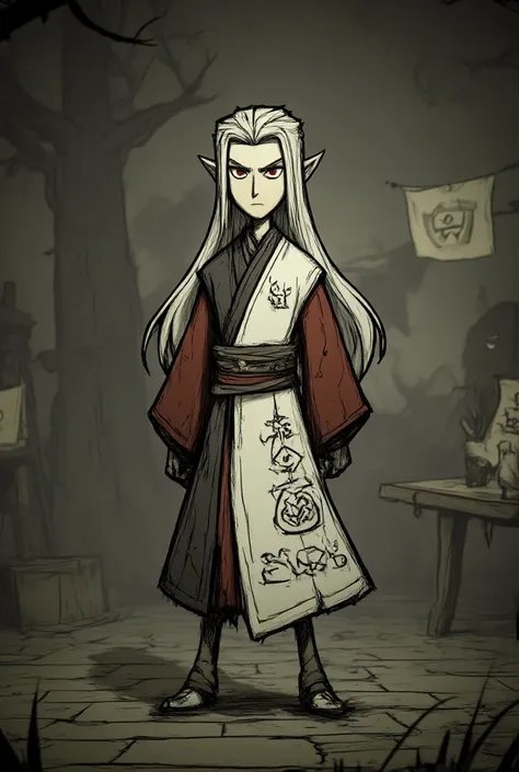 Scandinavian-style clothes. A handsome guy with long white hair. Hes wearing a black hanfu. One half of Hanfu is white. There are white glyph patterns painted on hanfu. The sleeves of the hanfu are dark red. The guy looks aristocratic. Fantasy style. Dark ...