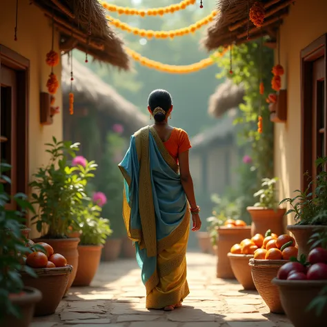 a humble and graceful woman dressed in a traditional Indian outfit. She wears a blue and golden saree paired with an orange blouse, showcasing a simple yet elegant look. Her hair is neatly tied back, peacefully sitting together in the courtyard, exchanging...