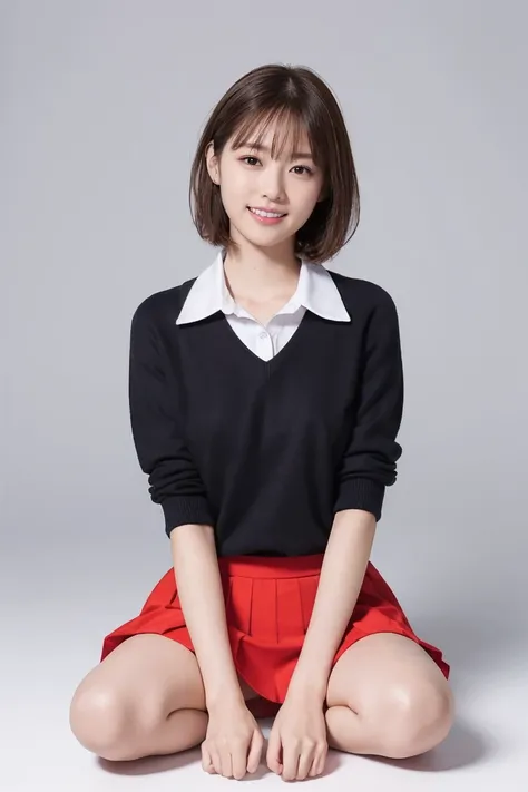 High Quality , Hi-Res, (Realistic: 1,2), masterpiece, top quality, looking at viewer, (26yo, 1girl, front view:1, white background1:2, full body:1, smile:1.1, bawl cut hair, school uniform:1.4), sit on ones knees, arms behind back, Detail face, Detailed Fi...