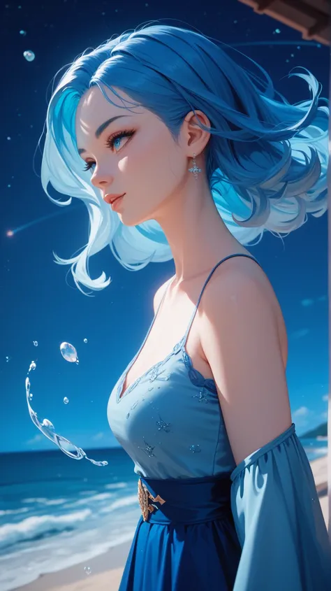 One girl, Blue hair, Simple sea dress, Facing backwards from the screen, Melodical Effects, Night sky, Blue seas, 4K Winds and magical effects, Simple and aesthetic 