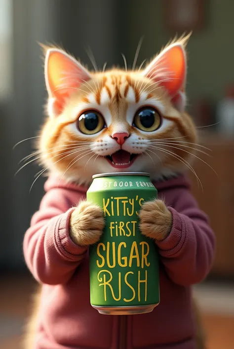 [id422363793|Екатерина], здесь от 4:

A high-quality, hyper-realistic, and extremely detailed image of a cat holding a can of soda. The cat has a sudden sugar rush, and its eyes are gigantic and massive in size, comically large in proportion to the rest of...