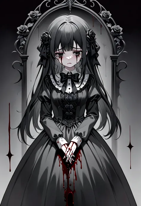 melancholic anime illustration featuring a crying girl with short, dark gothic,dark gray gothical bowtie. Her dark eyes are inexpressive, teary white color,tears,capturing deep sadness. She is wearing dress with long sleeves, surrounded tranquil dark gothi...