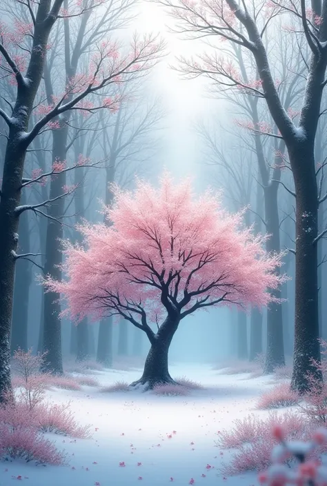 Forest clearing where you can see a cherry blossom tree in winter