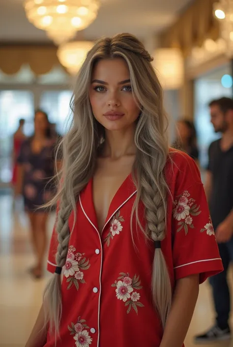 beautiful youthful looking Selena Gomez as a 50 years old woman with long completely gray hair in braids still very young looking dressed in red pajamas with floral motifs, a luxurious lifestyle, , standing in a luxurious mall , long gray hair, taking pict...