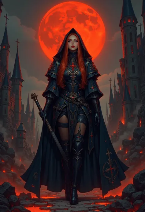 woman wizard,   Gothic, wonderful image, 8k, until,    oil painting,    Medieval scenery   , armadura   Gothic,   long straight hair  ,  Copper-colored hair , arcano, hood,   Eye color in a blue tone  ,   black gothic armor with gold carvings, well-made ar...