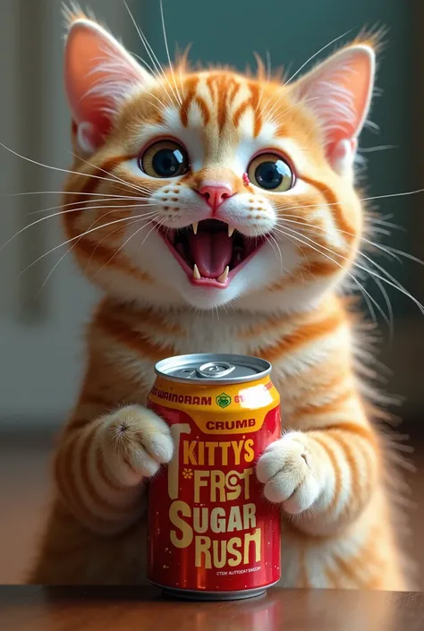 [id422363793|Екатерина], здесь от 4:

A high-quality, hyper-realistic, and extremely detailed image of a cat holding a can of soda. The cat has a sudden sugar rush, and its eyes are gigantic and massive in size, comically large in proportion to the rest of...