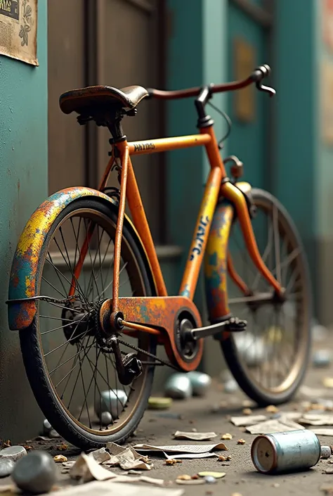 "Create a damaged bicycle scene featuring a classic 
Rainbow  bike with an elegant design, positioned at a slight angle to the left. 