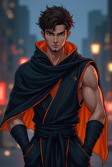 25-year-old adult male,  anime style  ,    pretty face,   short hair,   brown and curly  , well defined curls,   brown-eyed  ,   well-built and athletic body  , like a fighter  ;   light and slightly tanned skin  ,   beard trimmed beard  ,  Mortal Kombat s...