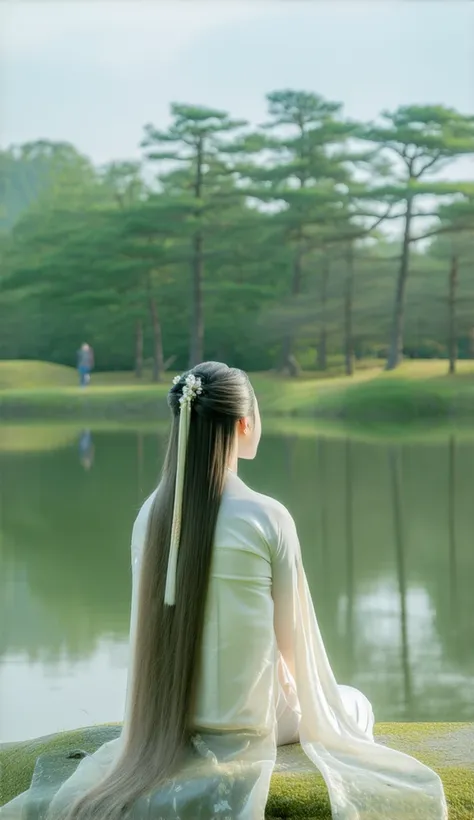 "A beautiful Japanese woman with long flowing hair, sitting peacefully beside a tranquil lake, reflecting on the journey of life. The surrounding nature symbolizes growth and harmony. 8K, high-detail image."