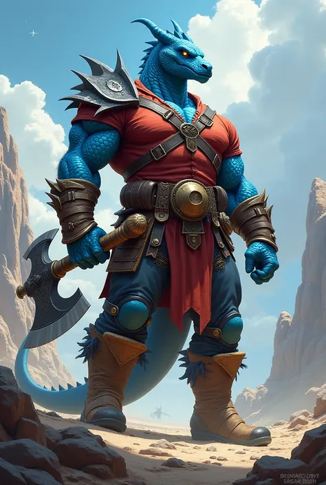 A dragonborn with Alice blue skin, 196 cm height, 102 weight, with a great Axe and red shirt with adventure jeans and boots