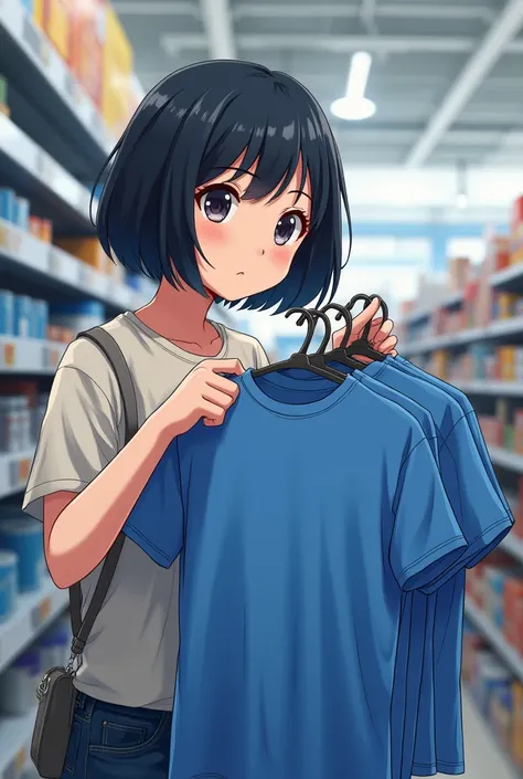 Short black hair again in the supermarket grabs a pair of blue shirts