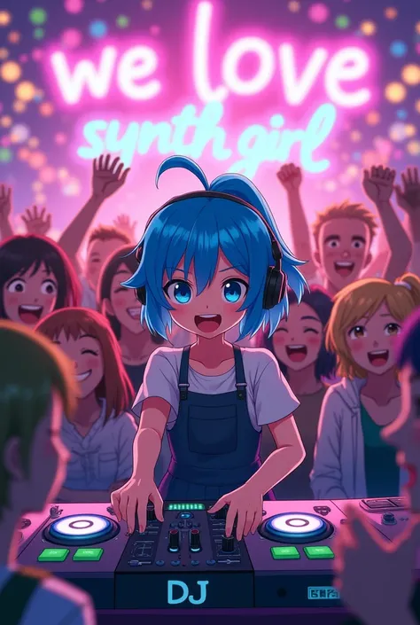 Create anime crowd with a background “we love synth girl” while facing a cute anime dj girl with blue hair having fun at the party 