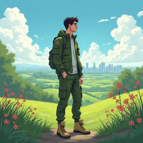 A male nerd wearing ,  Athletic body, Wearing a green combat jacket , combat pants,  with desert military boot in the countryside of England looking at the city during spring, in anime