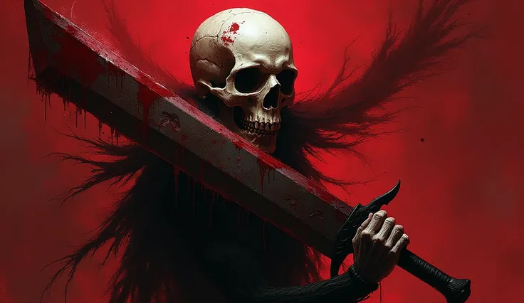 red back ground, skull an blodly big sword