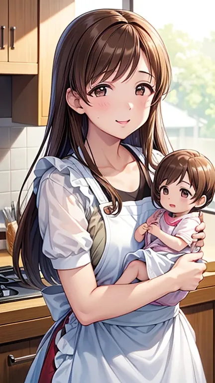  top quality 、 high res、  high definition  、 high res、 sports gym、(Nitta Minami、 long hair、 medium breasts、Brown Hair、 brown eyes、 glossy lips 、 Glowing Skin 、 realistic skin texture、Apron appearance、kitchen)、 are staring at me、 Love Me、、 smiling with her ...