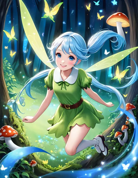  long light blue hair 、 Beautiful Girl with Twin Tails 、Im flying in the sky dressed up as Peter Pan、smile、Tinker Bell is also flying with it、 In the Mysterious Forest 、Glowing butterflies are flying、 Glowing Mushrooms 