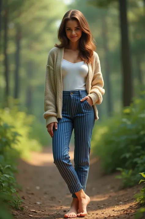 cardigan, striped blue pants, white shirts, , (playful and mischievous expression, a seductive look, a come-hither expression), (cheeky look, self-satisfied, smirking, sly, cunning expression), (open mouth), outdoor, forest, nature trail , ((bare feet)), c...