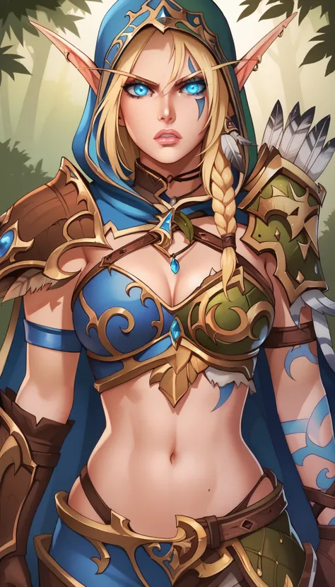 Forest background, BREAK 1girl, looking at viewer, alleria windrunner, blue eyes, blonde hair, pointy ears, elf, tattoo, glowing eyes, facial mark, armor, shoulder armor, gloves, cleavage, jewelry, necklace, feathers, belt , cape, angry