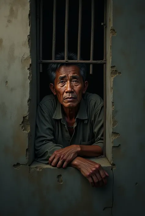 A poor Khmer man looking out from his jail cell