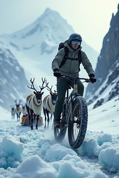 A cyclist climbing an ice mountain with reindeer pulling a sled 