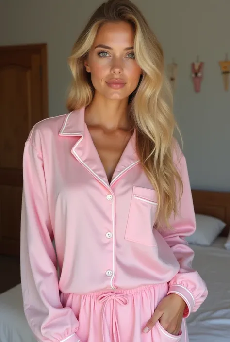  a blonde teenager with huge ass and tits and a beautiful face, wearing pink pajamas with buttons on the front 