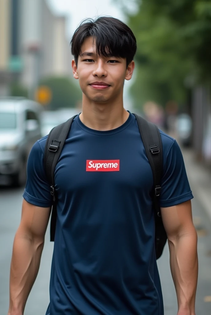 ((Korean Man Wearing Navy Sports Shirt Supreme Logo Short Sleeve Wet Water Wet Sweat)) , (((Big arm muscles,  tight breasts ,  muscle bundle , ))), (((Black backpack next to it))), (((Men with short hair))), (((, big muscles, big torso))), (((Seductive fit...