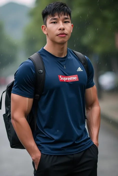 ((Korean Man Wearing Navy Sports Shirt Supreme Logo Short Sleeve Wet Water Wet Sweat)) , (((Big arm muscles,  tight breasts ,  muscle bundle , ))), (((Black backpack next to it))), (((Men with short hair))), (((, big muscles, big torso))), (((Seductive fit...