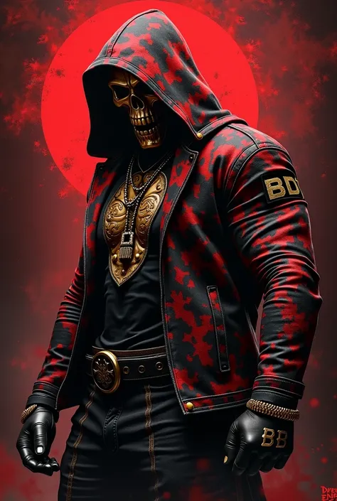  Create the art for a shirt in this art on the front it will have a name Bdt and a golden English punch .  On both sleeves it will have a name BDT and a golden English punch .  On the back there will be a muscular character with a mask of the Black Death a...