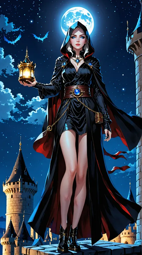  A female assassin dressed in black robes， with deep blue eyes 、Mysterious amulet ， standing on top of castle tower ， Under the bright moonlight in the dark night sky 。