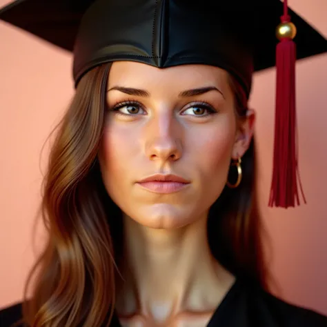 a beautiful girl in her graduation photo, detailed beautiful face, pink glossy lips, piercing blue eyes, long straight brown hair, graduation cap, profile photo, rose gold background, (best quality,4k,8k,highres,masterpiece:1.2),ultra-detailed,(realistic,p...