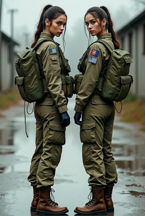 (highres:1.2), two Beautiful 19 year old female soldiers, camouflage uniform, standing at parade rest, peeing in  uniform pants on purpose, puddle of pee at her feet, pee droplets on boots, combat boots wet from pee and looks into the camera while peeing a...