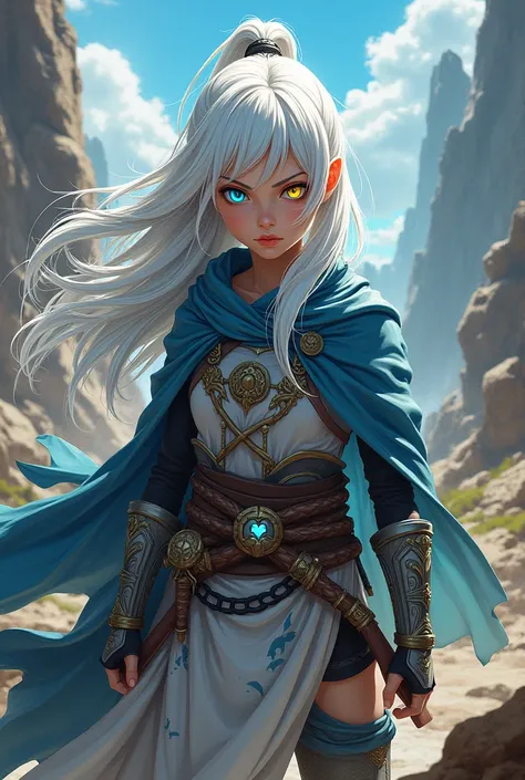 white hair, One eye is blue and the other is yellow.  Warrior anime girl