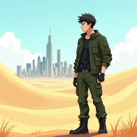 A male nerd wearing ,  Athletic body, Wearing a green combat jacket , combat pants, With military boot desert in Brazil looking at the city during spring, in anime