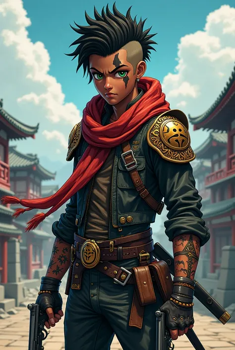 anime full body in action pose of a young Black african teenager with one blind eye with scar and one green eye and mohawk hairstyle, exuding a sense of strength and mystery. He is in a unique fusion of styles: shinobi attire, samurai armor shoulder pads, ...