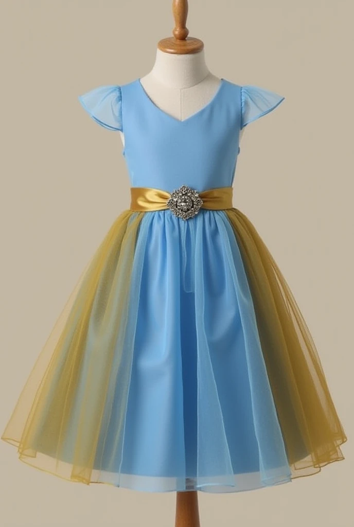 This design features a fitted bodice with a flattering V-neckline and delicate cap sleeves. The skirt flows from an empire waistline, creating a soft and flowy silhouette. The material transitions seamlessly from blue to gold organza layers, giving it an e...