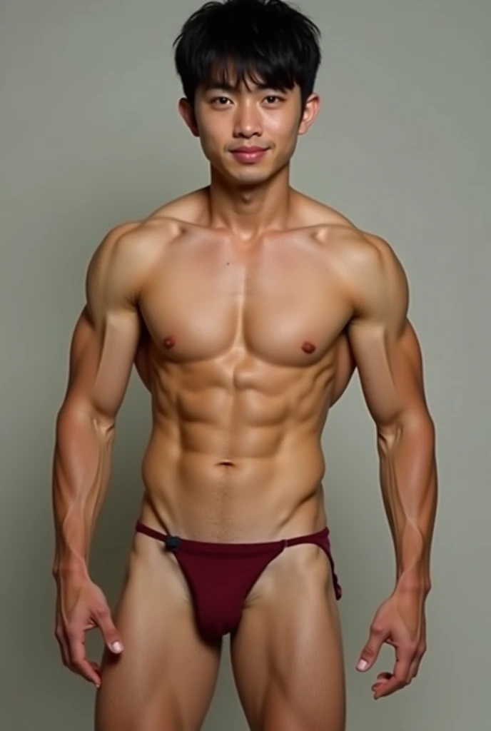 Very muscular Japanese boy without a shirt and in a mini thong with a very standing penis, big, long and thick