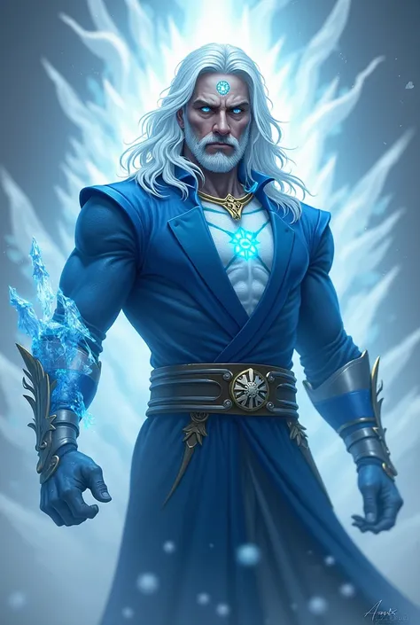 Man in blue clothing , strong, omnipotent, white aura,  with a mark on his forehead shaped like a 6-pointed star, powerful,  white hair,  white eyes with golden and blue pupils , amulet on the neck,  frozen body part 