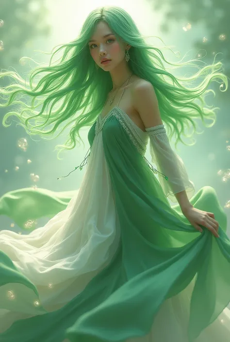 Girl,green hair,green and white dress, wind aura