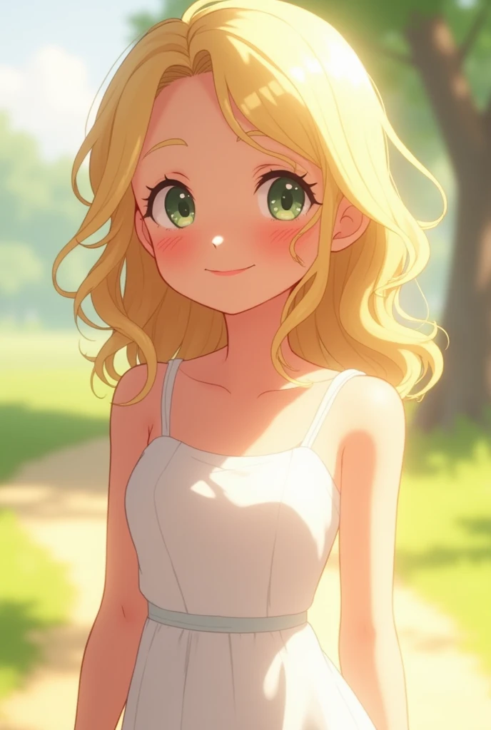 Animated image of a pretty blonde girl with a pretty smile and a white dress