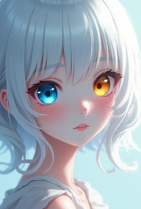 white hair, One eye is blue and the other is yellow. anime girl