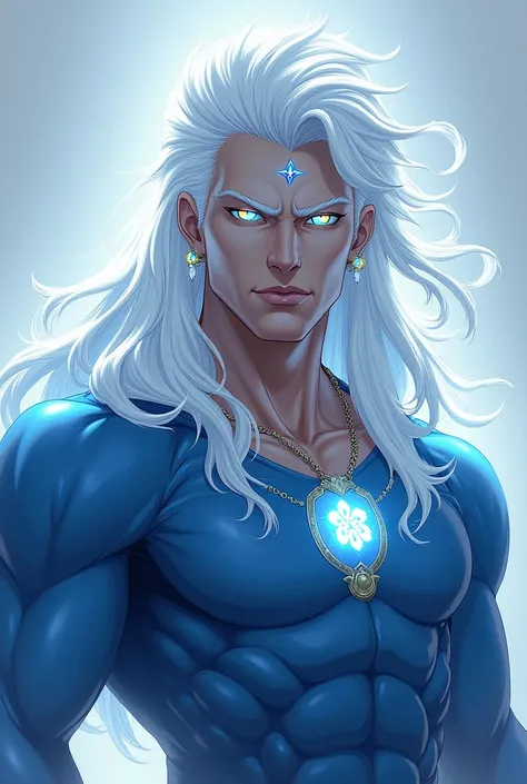 Man in blue clothing , strong, omnipotent, white aura,  with a mark on his forehead shaped like a 6-pointed star, powerful,  white hair,  white eyes with golden and blue pupils , amulet on the neck,  frozen body part , New