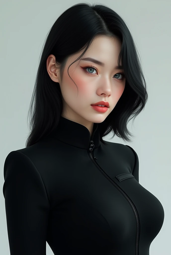  Help me to create a real image of a woman wearing a black uniform.  She has black hair below her chin , her skin is very white and her eyes are very light blue  