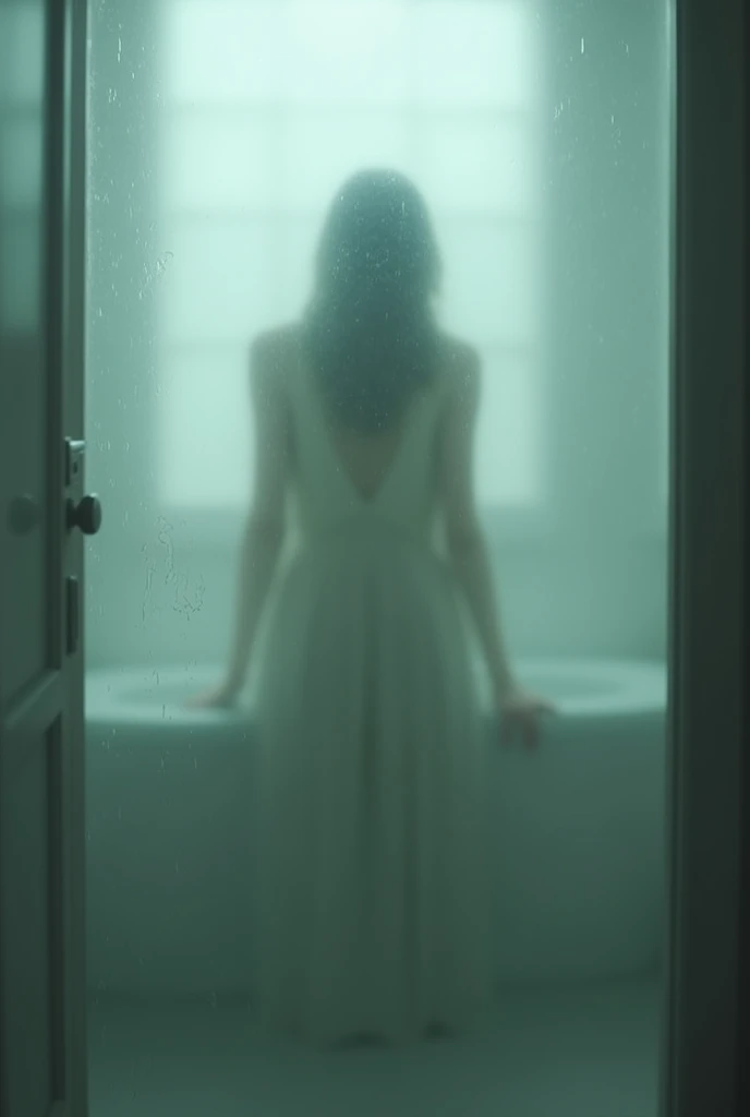 A foggy bathroom with a wet glass panel. The faint silhouette of a woman is visible behind the glass, surrounded by steam and condensation. The atmosphere is soft and dreamy, with gentle light diffusing through the mist, creating a calm and serene mood. Th...