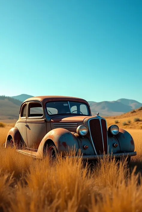 "Create a rustic scene featuring an old vintage car, positioned at an angle in a grassy field under a clear, vibrant blue sky. The car should have a weathered, rusty exterior with visible details like round headlights and a classic grille, exuding a nostal...