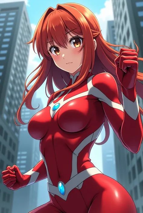   My Hero Academia Style   ,  anime girl , woman, young woman ,  full body shot ,(fighting pose:1.3), long hair, Red Hair,   brown eyes, hero suit,  full body suit,  red suit with white details, small round blue jewel in the center of the chest, Perfect An...