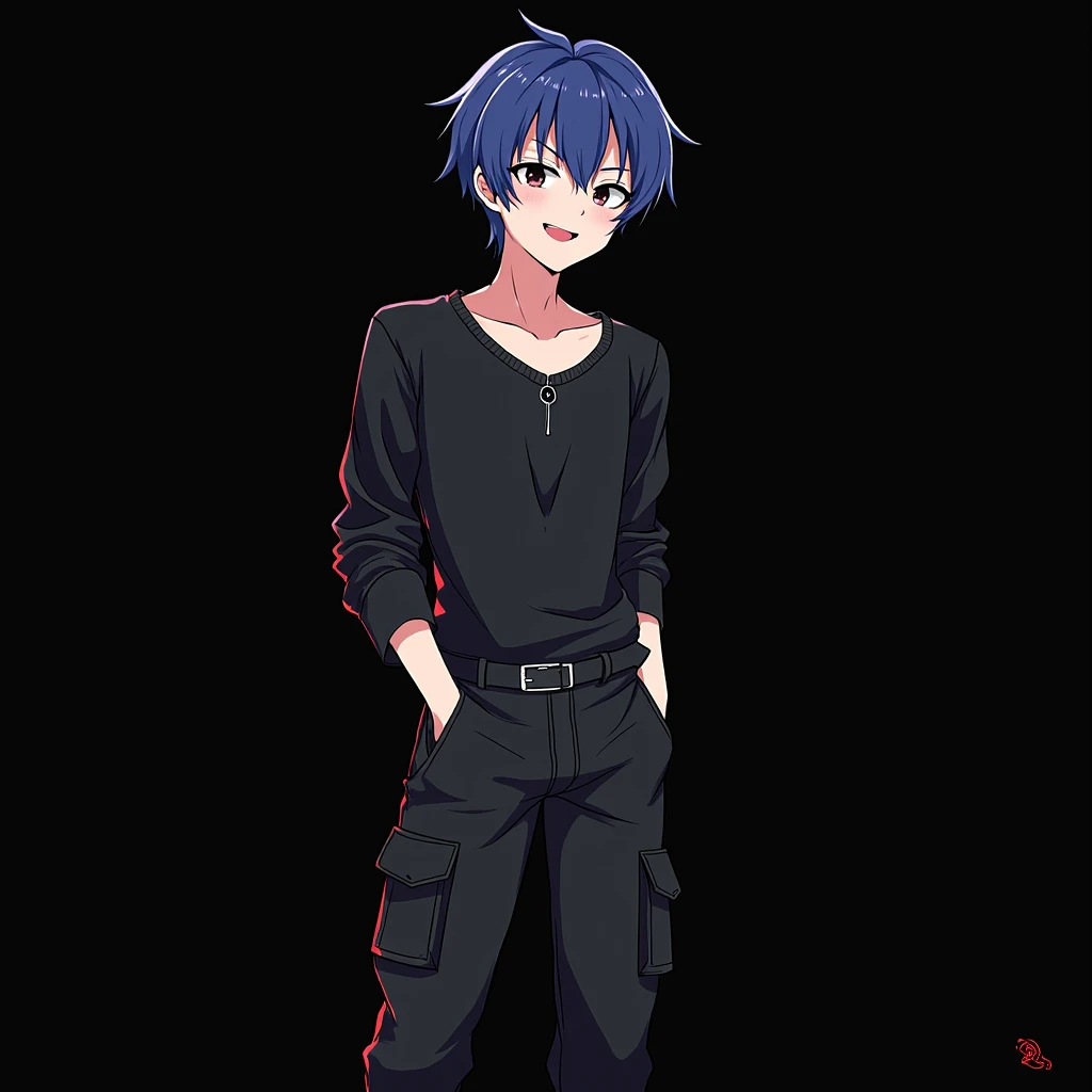 blue hair  ,     black eyes   ,Beautiful Boy,young boy,, Pure white skin, button,Thin chest,Cute Breasts ,   Sloping shoulders   ,  Elegant  ,   cool Boy   ,flexible, Black long sleeve T-shirt ,  wearing a black zip,   black cargo pants  ,    tall   ,    f...